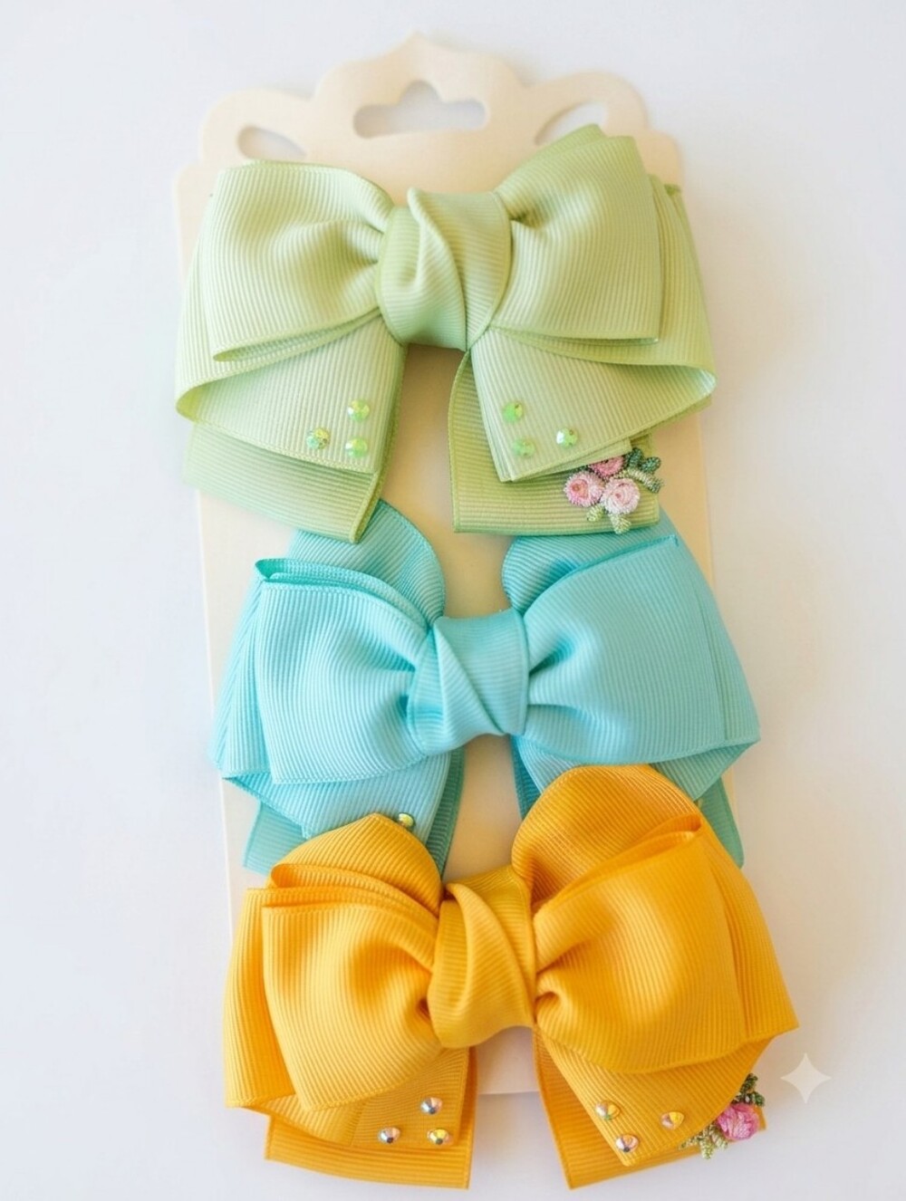 Kids Triple Bow Hair Clips in Light Green, Turquoise & Yellow🎀✨